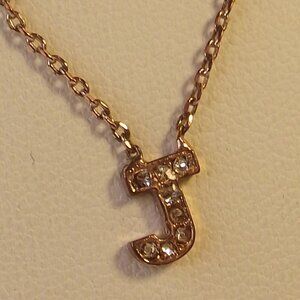 Tiny Initial "J" Necklace with Rhinestones in Rose Gold Tone